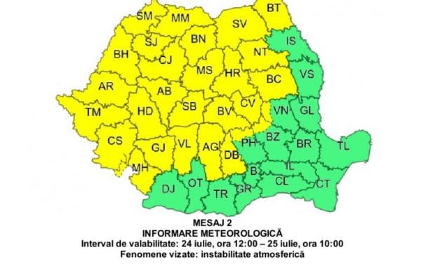 Administratia Naționala de Meteorologie a prelungit CODUL GALBEN de vreme rea