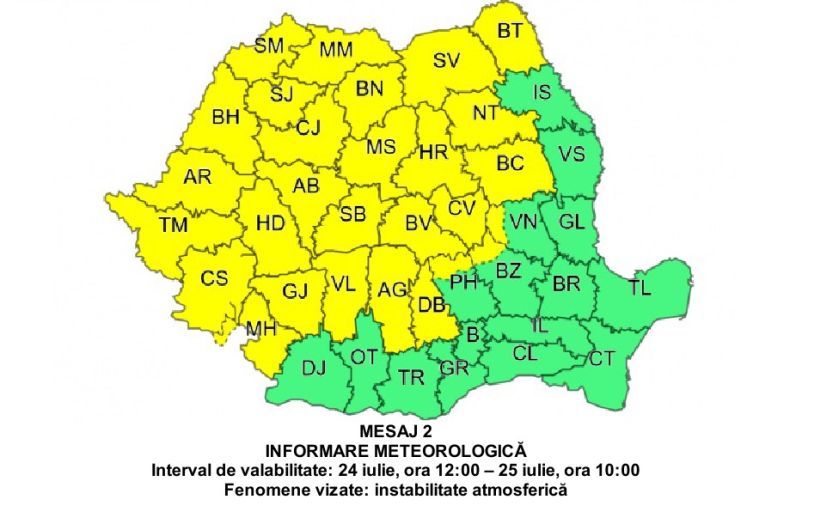 Administratia Naționala de Meteorologie a prelungit CODUL GALBEN de vreme rea