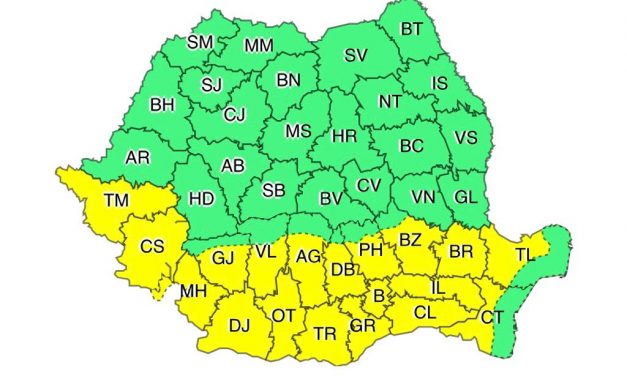 ANM anunță cod galben pentru sud-vestul și sudul țării