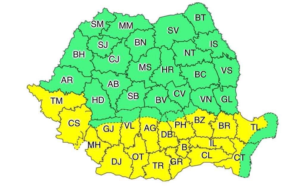 ANM anunță cod galben pentru sud-vestul și sudul țării