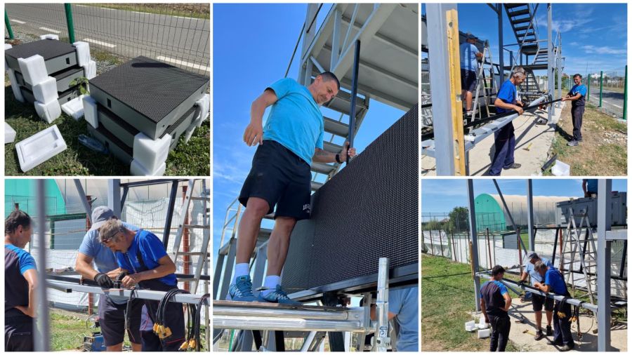 EXCLUSIV – Stadionul „Ștefan Dobay” prinde culoare: A început montarea tabelei cu LED-uri de ultimă generație