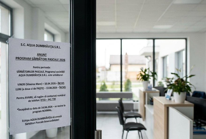 Program special de Paște pentru clienții AQUA DUMBRĂVIȚA: unde pot fi raportate avariile în perioada 10 – 13 aprilie 2026